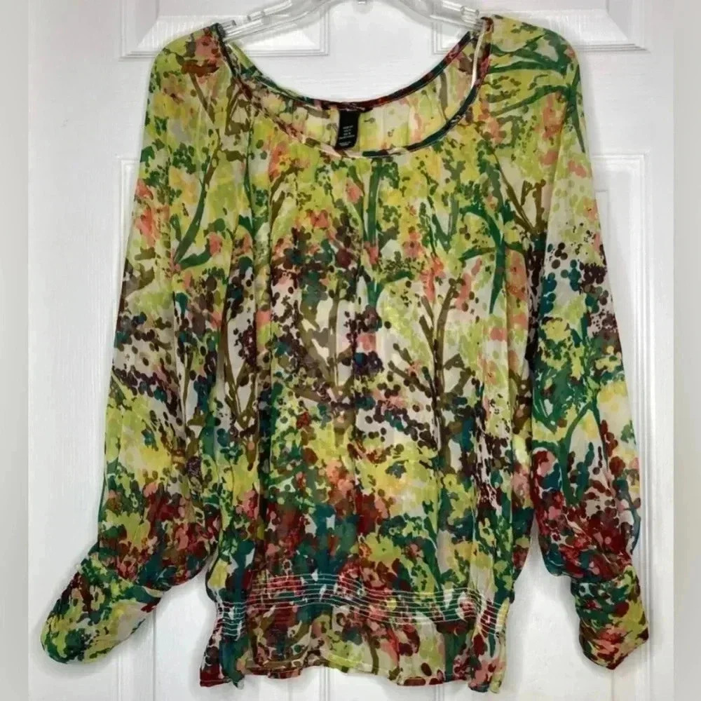 Women H&M Green Yellow Pink Floral Sheer Ruched Waist Shirt Top Sz 4 Blouse